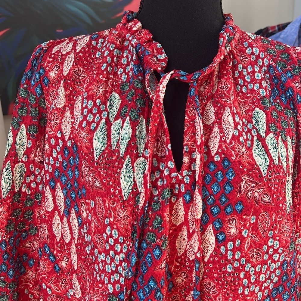 LOFT - MULTI-COLOR TIE NECK RUFFLE COLLAR BLOUSE - SIZE M - Picture 3 of 6